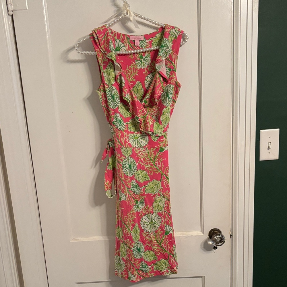 Hot Pink and Neon Green Sleeveless Silk Wrap Dress